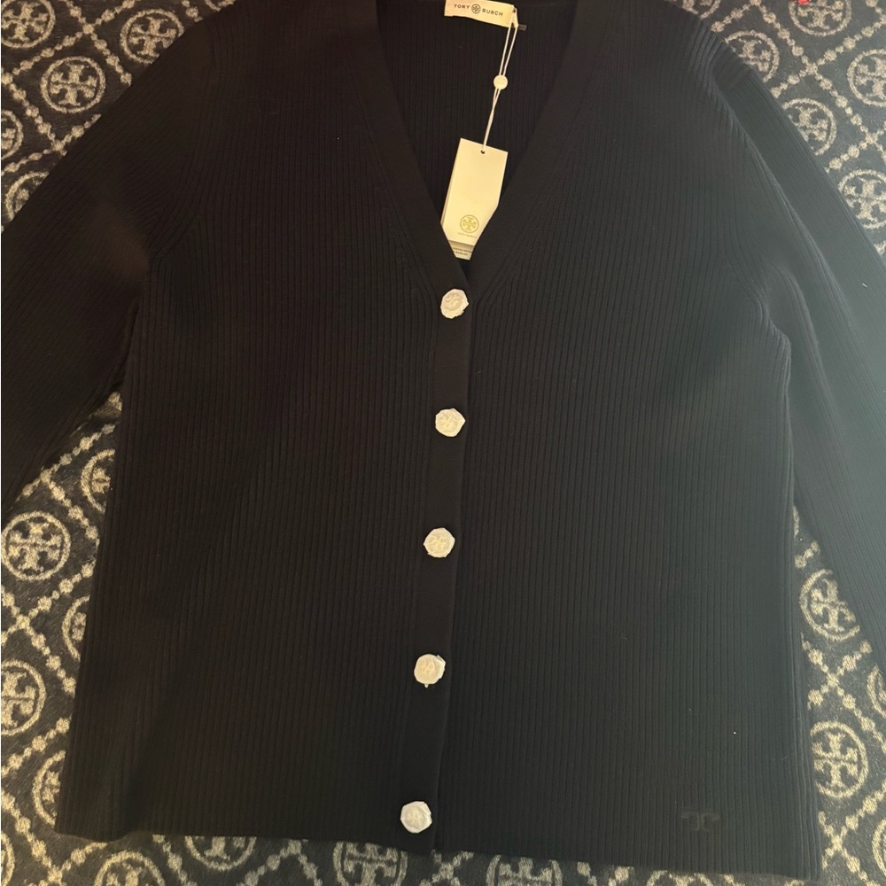Tory Burch Black Cardigan with White Button Accents